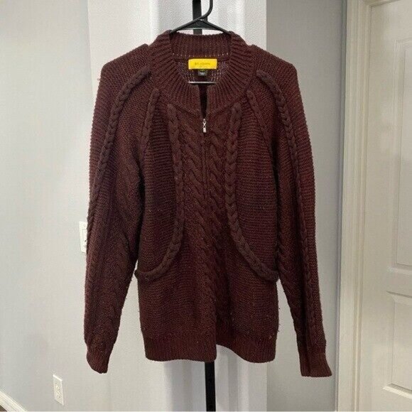 St John Sweater Jacket Cable Braided Knit Zip Up Mohair Wool Red Maroon Large • - Picture 1 of 6